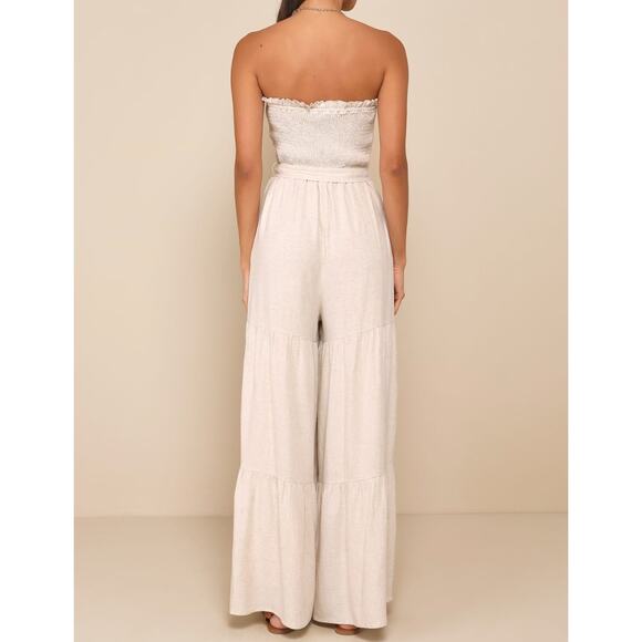 Lulu's NEW Effective Charm Beige Linen Strapless Jumpsuit Large Boho neutrals - Picture 2 of 10